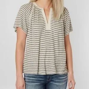 Lucky Brand Short Sleeve Tee Cream with Blue Stripes Linen Blend Size XL
